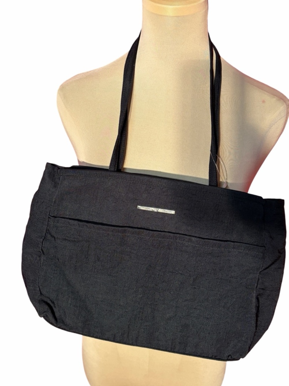 Black Canvas Shoulder Tote with Front Slip Pocket